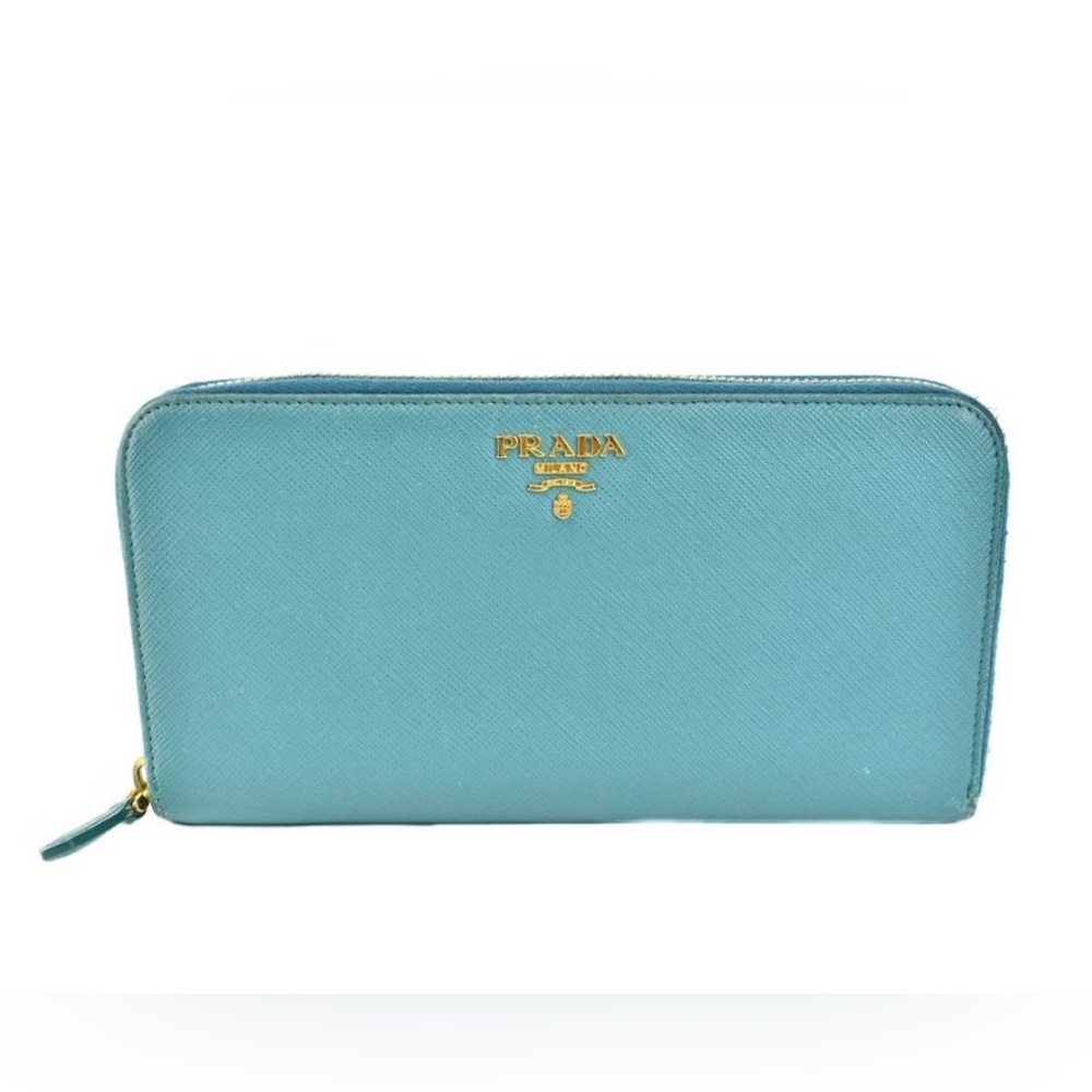 PRADA: Teal Blue Leather & Heritage Gold Logo Long Ziparound Wallet